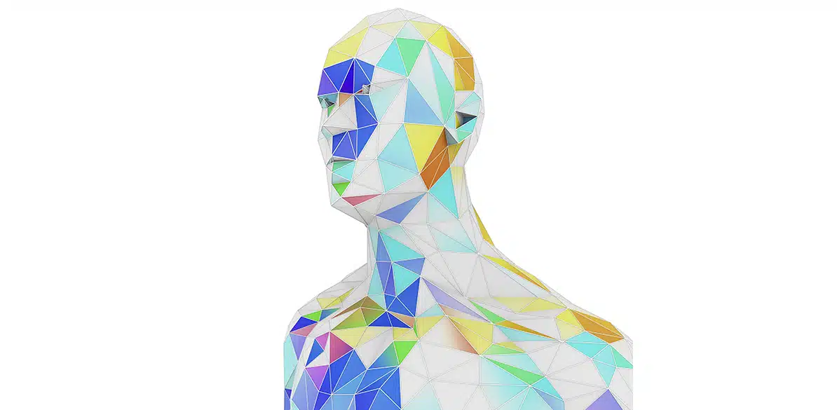 Figura humana de busto realizada con triángulos geométricos en colores blanco, azul, verde, amarillo y naranja sobre fondo blanco.